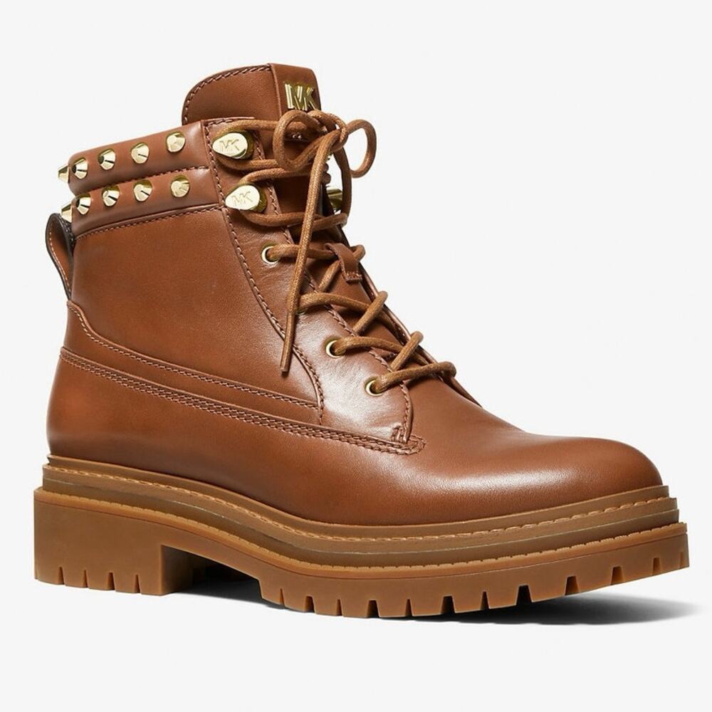 Michael Kors Turner Astor Stud Lace-Up Leather Boots Brown Womenโs 7.5M NEWโ